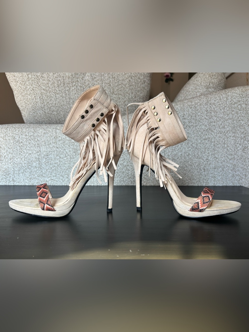 Athena Nude Fringe Studded Stiletto Heels with Coral Accent